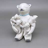 Grey-on-white polar bear storyteller with four cubs and a heishi bead strand necklace detail
 by Stella Teller of Isleta