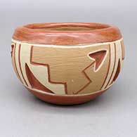 Polychrome Potsuwii bowl with a carved and painted four-panel kiva step, lightning bolt, and geometric design
 by Dominguita Sisneros of Ohkay Owingeh