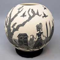 Black and white jar with sgraffito Day of the Dead design
 by Alfredo Rodriguez of Mata Ortiz and Casas Grandes