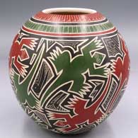 Click for a larger view Polychrome jar with sgraffito and painted lizard and geometric design
by Humberto Pina of Mata Ortiz and Casas Grandes