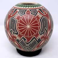 Polychrome jar with sgraffito and painted lizard, turtle and geometric design
 by Humberto Pina of Mata Ortiz and Casas Grandes