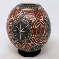 Polychrome jar with sgraffito and painted turtle, medallion and geometric design
 by Humberto Pina of Mata Ortiz and Casas Grandes