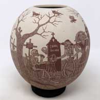 Brown and white jar with sgraffito Day of the Dead motif
 by Hector Javier Martinez of Mata Ortiz and Casas Grandes