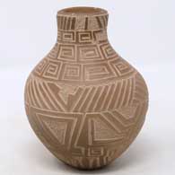 Oval brown jar with sgraffito geometric design
 by Bernice Naranjo of Taos
