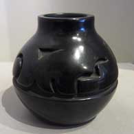 Black jar carved with geometric design
 by Mela Youngblood of Santa Clara