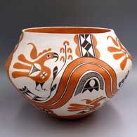 Polychrome jar with a parrot, rainbow, flower, cloud and geometric design
 by Rose Chino Garcia of Acoma