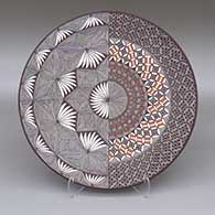 Polychrome plate with fine line, feather, and geometric design
 by Rebecca Lucario of Acoma