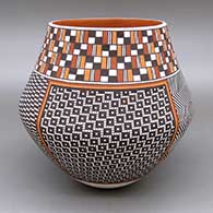 Polychrome jar with a geometric design partially based around a checkerboard background
 by Frederica Antonio of Acoma