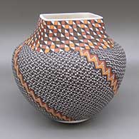 Polychrome jar with a square opening and a geometric design based on a checkerboard background
 by Frederica Antonio of Acoma