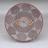 Polychrome plate with a fine line and applique design
 by Amanda Lucario of Acoma
