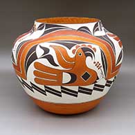 Large polychrome jar with a traditional Acoma design featuring parrot, flower, rainbow, and geometric elements
 by Barbara Cerno of Acoma