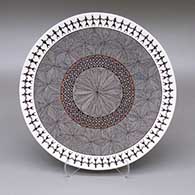 Polychrome plate with a dancer, fine line, and geometric design
 by Rebecca Lucario of Acoma