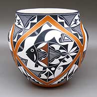 Polychrome jar with a traditional four-panel Acoma design featuring fish, bear-with-heart-line, fine line, and geometric elements
 by Adrian Trujillo of Acoma