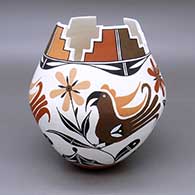 Polychrome jar with a kiva step geometric cut opening and a painted, four-panel, traditional Acoma design featuring parrot, flower, kiva step, and geometric elements
 by Randy Antonio of Acoma