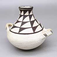 Black-on-white jar with handles, a flared opening, and a geometric design
 by Lucy Lewis of Acoma