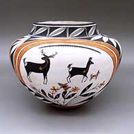 Polychrome jar with a three-panel deer-with-heart-line, butterfly, hummingbird, bee, flower, rainbow, and geometric design
 by Drew Lewis of Acoma