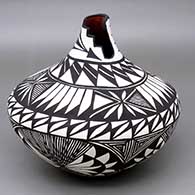 Polychrome jar with a kiva step geometric cut opening and a four-panel fine line, feather ring, and geometric design
 by Sandra Victorino of Acoma