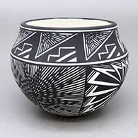 Small black-on-white jar with a fine line, kiva step, feather ring, and geometric design
 by Marilyn Ray of Acoma