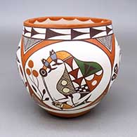 Polychrome jar with a four-panel cloudeater, parrot, quail, hummingbird, flower, berry, fine line, and geometric design
 by Diane Lewis of Acoma