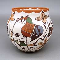 Polychrome jar with a cloudeater, parrot, quail, hummingbird, flower, fine line, and geometric design
 by Diane Lewis of Acoma