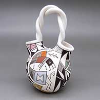 Polychrome wedding vase with a braided handle and a parrot, flower, kokopelli, cornstalk, music note, fine line, and geometric design
 by Judy Lewis of Acoma