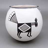Black-on-white jar with a Mimbres animal, fine line, and geometric design
 by Emma Lewis of Acoma