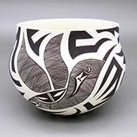 Black-on-white jar with a hummingbird, fine line, and bold geometric design
 by Eric Lewis of Acoma