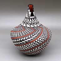 Polychrome jar with a kiva step geometric cut opening and a fine line, kiva step, feather, spiral mesa, and geometric design
 by Sandra Victorino of Acoma