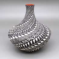 Polychrome jar with a slightly flared opening, a tall neck, and a fine line, kiva step, spiral mesa, and geometric design
 by Sandra Victorino of Acoma