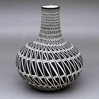 A tall-neck black-on-white vase decorated with bands of geometric design
 by Paula Estevan of Acoma
