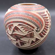 Polychrome jar with lightly carved, sgraffito and painted roadrunner, quail, hummingbird and geometric design
 by Martin Olivas of Mata Ortiz and Casas Grandes