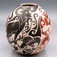 Polychrome jar with a sgraffito optical illusion bighorn ram, mountain lion and geometric design
 by Abraham Rodriguez of Mata Ortiz and Casas Grandes