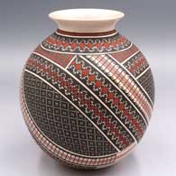Polychrome jar with a rolled lip and a 3-panel cuadrillos and geometric design
 by Tati Ortiz of Mata Ortiz and Casas Grandes