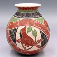 Polychrome jar with a rolled lip and a sgraffito and painted 3-panel bird, branch, leaf and geometric design
 by Hilario Quezada Jr of Mata Ortiz and Casas Grandes