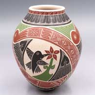 Polychrome jar with a rolled lip and a sgraffito and painted 3-panel hummingbird, branch, leaf and geometric design
 by Hilario Quezada Jr of Mata Ortiz and Casas Grandes