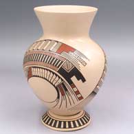 Polychrome jar with a flared rim and a 2-panel geometric design plus a custom matching stand
 by Cesar Bugarini of Mata Ortiz and Casas Grandes
