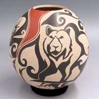 Polychrome jar with a sgraffito and slipped optical illusion wildlife and geometric design
 by Abraham Rodriguez of Mata Ortiz and Casas Grandes