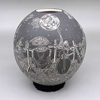 Black and white jar with sgraffito Night of the Dead design
 by Hector Javier Martinez of Mata Ortiz and Casas Grandes