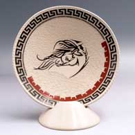 Polychrome shallow bowl with a custom stand and a lightly carved, sgraffito and painted horse head and geometric design
 by Jesus Hernandez of Mata Ortiz and Casas Grandes