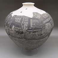 Large black and white jar with a flared opening and a sgraffito design featuring various landmarks from Texas
 by Hector Javier Martinez of Mata Ortiz and Casas Grandes