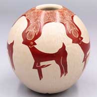 Red-on-white jar with a sgraffito deer and geometric design
 by Leonel Lopez Sr of Mata Ortiz and Casas Grandes
