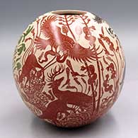 Polychrome jar decorated with a sgraffito desert vegetation and wildlife motif
 by Israel Quintana of Mata Ortiz and Casas Grandes