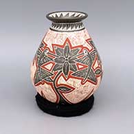 Polychrome jar with flared lip and sgraffito and painted hummingbird, flower, leaf, and geometric design
 by Octavio Silveira of Mata Ortiz and Casas Grandes