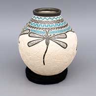Polychrome jar with slightly flared lip and sgraffito and painted dragonfly and geometric design
 by Octavio Silveira of Mata Ortiz and Casas Grandes