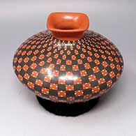 Polychrome jar with square flared lip and cuadrillos geometric design
 by Yoly Ledezma of Mata Ortiz and Casas Grandes