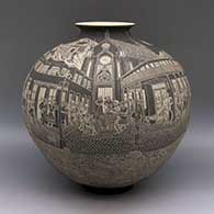 Large black and white jar with flared rim and sgraffito Night of the Dead in Santa Fe design
 by Hector Javier Martinez of Mata Ortiz and Casas Grandes