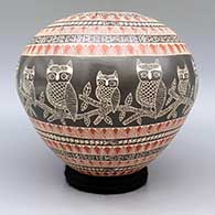 Polychrome jar with sgraffito and painted owl, branch, and geometric design, click or tap to see a larger version