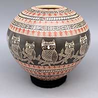 Polychrome jar with sgraffito and painted owl, branch, and geometric design
 by Angela Corona of Mata Ortiz and Casas Grandes
