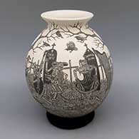Black and white jar with flared opening and sgraffito Day of the Dead design
 by Hector Javier Martinez of Mata Ortiz and Casas Grandes