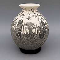 Black and white jar with flared opening and sgraffito Night of the Dead design
 by Hector Javier Martinez of Mata Ortiz and Casas Grandes